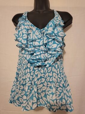 Sunny Leigh Blue and White Ruffle V-Neck Tank Top